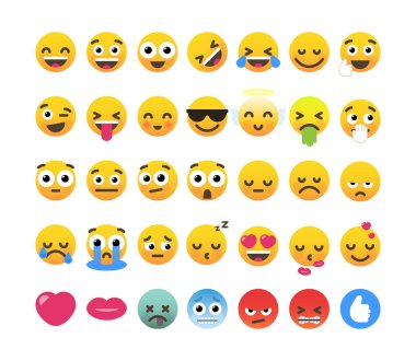 35 komik emoticons, emoji düz tasarım kümesi.