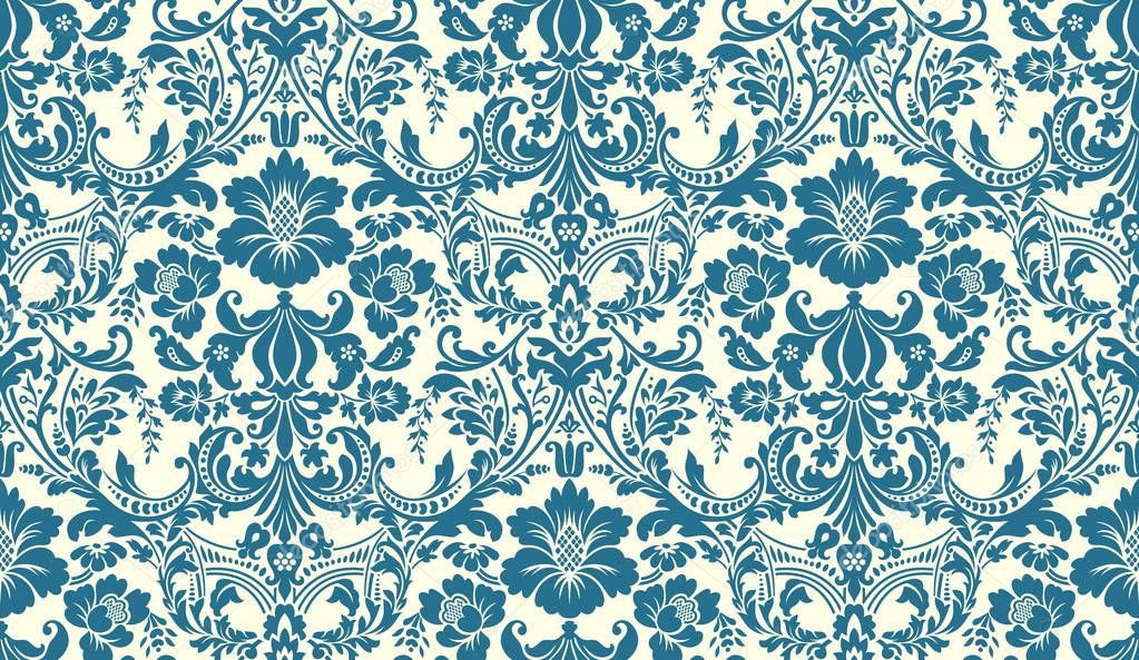 Vector seamless damask pattern. Blue and ivory image. Rich ornament, old Damascus style pattern for wallpapers, textile, Scrapbooking etc.
