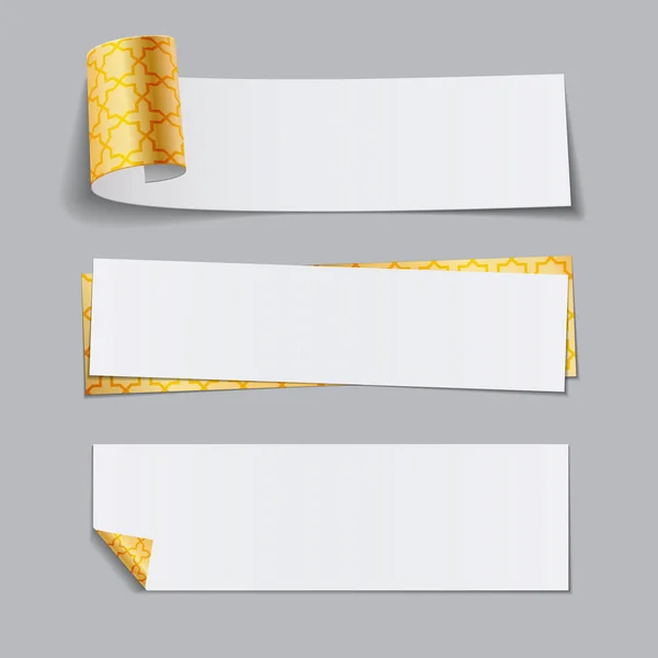 Conjunto de pancartas de papel dorado con patrón árabe. Banner en blanco, espacio de copia — Vector de stock