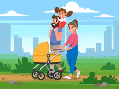 Mutlu aile binalar arka plan üzerinde parkta yürüyüş