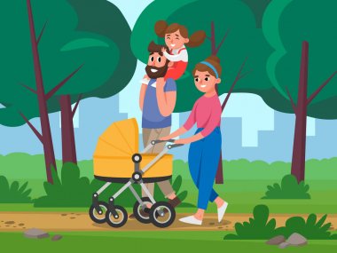 Mutlu aile ağaçları ve Cityscape arka plan üzerinde parkta yürüyüş