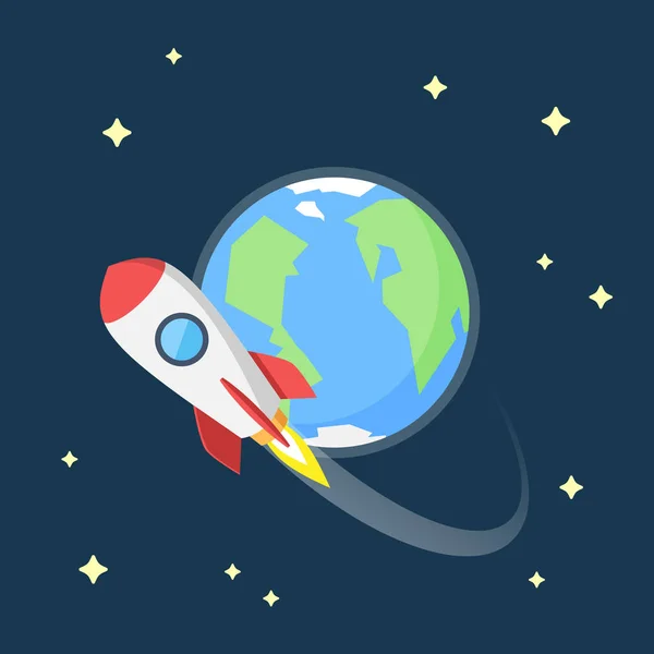 地球の周りを飛んでいるロケットのフラット デザインのベクトル図 — ストックベクタ