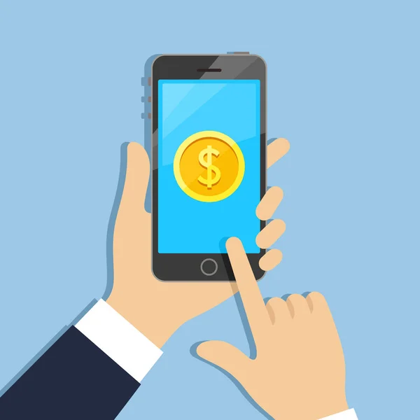 Hände mit Telefon und Münze auf dem Bildschirm. Finanz-, Online-Banking-Ikone. — Stockvektor