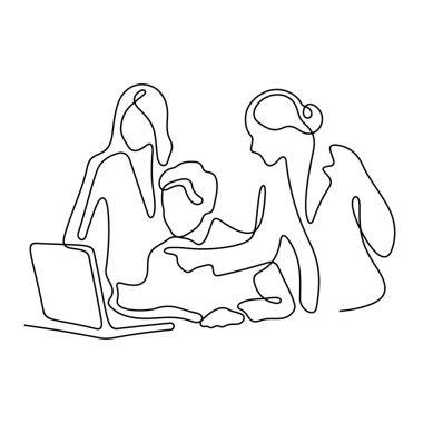 Laptop çizgisi simgesi olan işçiler, basitçe vektör illüstrasyonu  