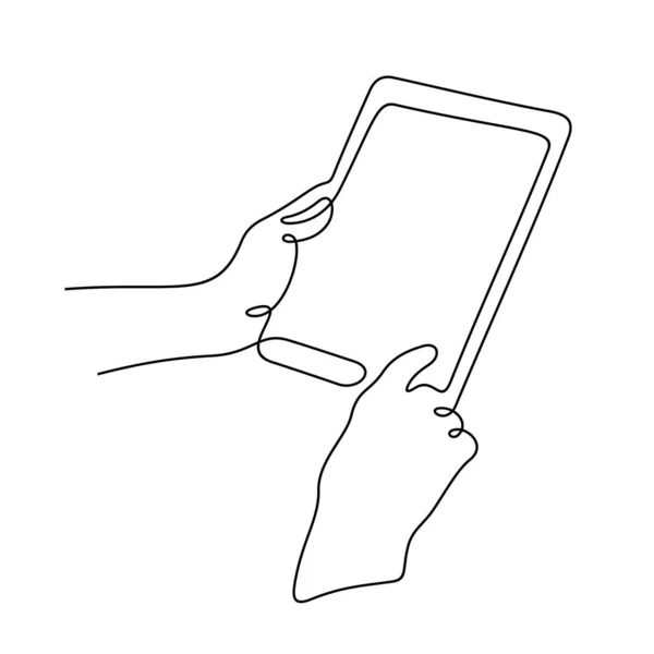 Mani Tenendo Icona Linea Tablet Semplicemente Illustrazione Vettoriale — Vettoriale Stock