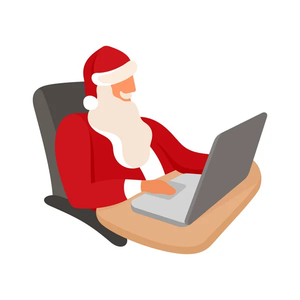 Weihnachtsmann Schaut Laptop Einfach Vektorillustration — Stockvektor