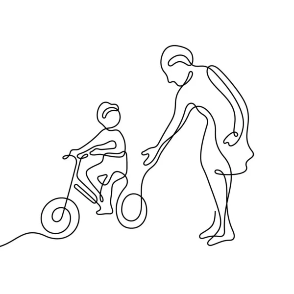 妈妈和孩子在自行车线上的图标 简单的矢量插图 — 图库矢量图片