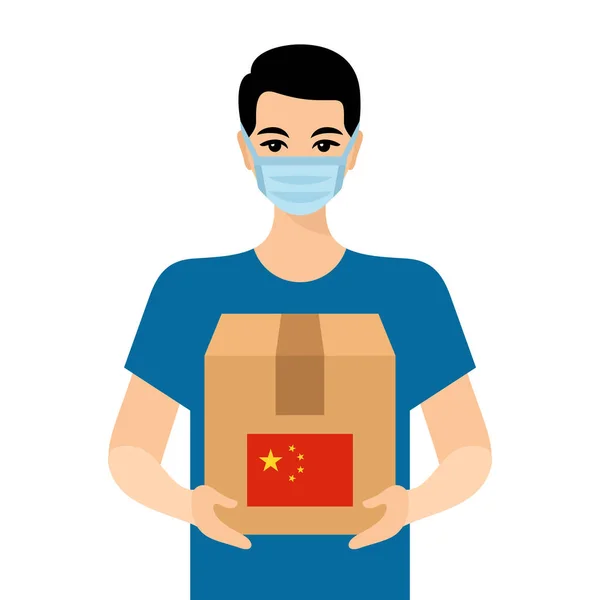 贴有中国国旗的盒子的医用面罩信使 — 图库矢量图片