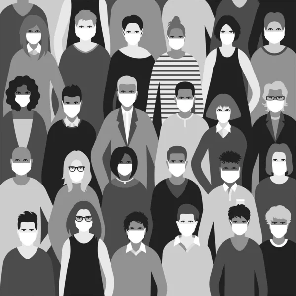 Menschenmenge Masken Schwarz Weiß Vektorillustration — Stockvektor