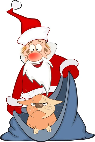 Santa Claus y gato en bolsa — Vector de stock