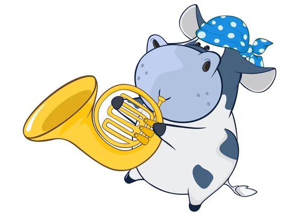 Cartone animato ippopotamo giocare corno francese — Vettoriale Stock