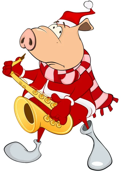 Cartoon surprised pig with saxophone — Stock Vector