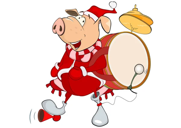 Cartoon pig with drum on back — Stock Vector