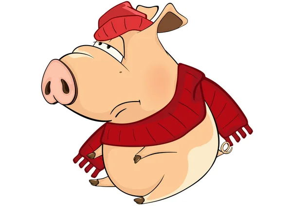 Мультяшная уставшая свинья в шляпе и шарфе — стоковый вектор