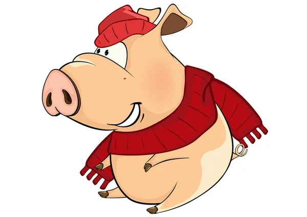 Cerdo sonriente de dibujos animados en sombrero y bufanda — Vector de stock