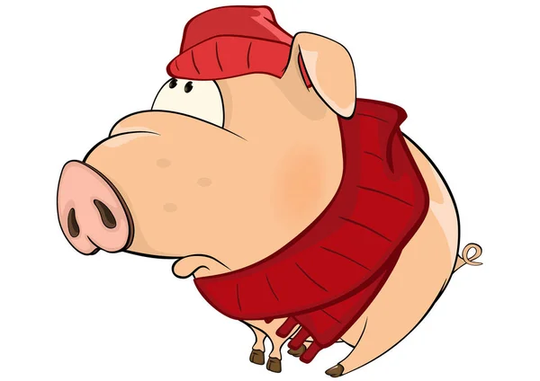 Cerdo asustado de dibujos animados en sombrero y bufanda — Vector de stock