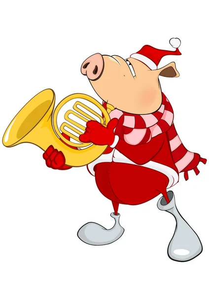 Cartoon pig playing French horn — Stock Vector