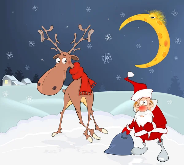 Dessin animé Père Noël avec cerf en écharpe rouge — Image vectorielle