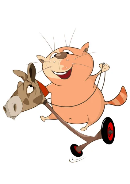 Cartoon cat riding toy donkey — Stock Vector