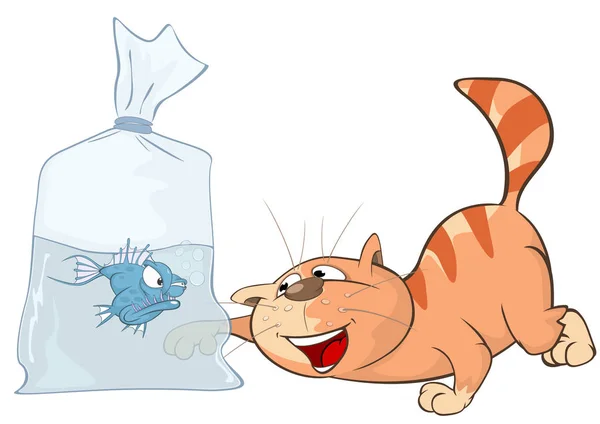 Lindo gato de dibujos animados con pescado — Vector de stock