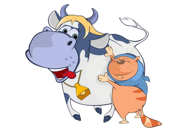 Kat en koe zijn beste vrienden — Stockvector