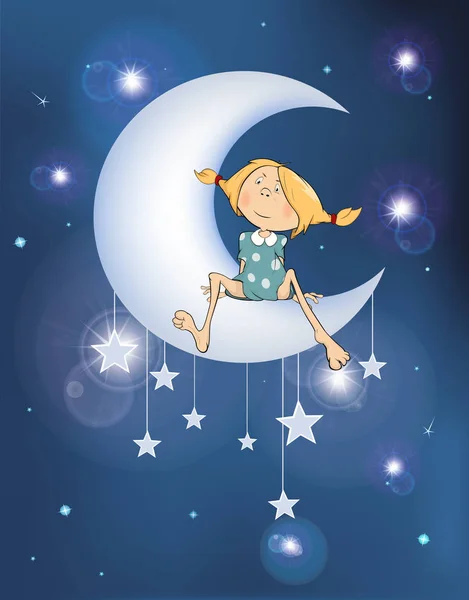 Ilustración La niña en la luna — Vector de stock