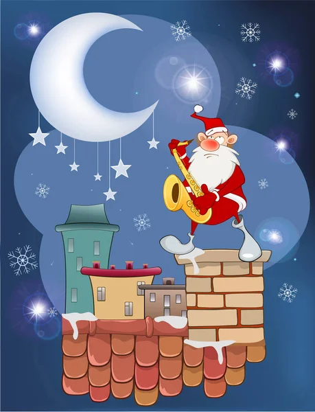 卡通圣诞老人吹奏在屋顶上的矢量插图 — 图库矢量图片