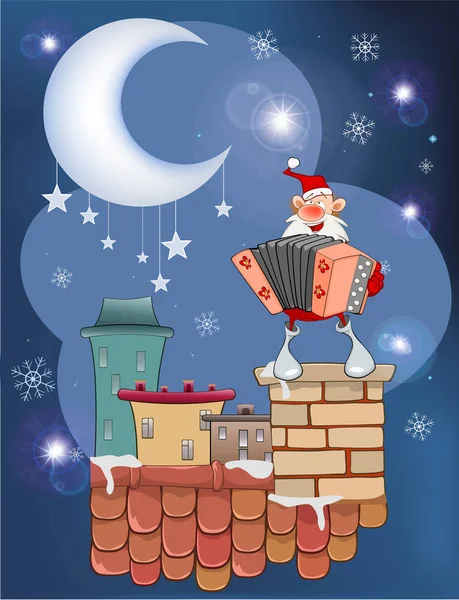 Illustration Vectorielle Dessin Animé Santa Claus Accordéon Joueur Sur Toit — Image vectorielle