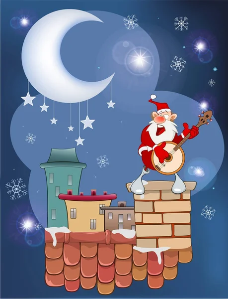 Ilustração Vetorial Desenho Animado Papai Noel Músico Jogando Banjo Telhado — Vetor de Stock