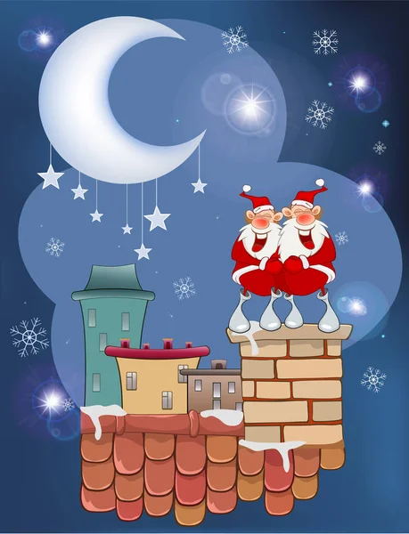 Vektorové Ilustrace Dvou Kreslené Santa Klause Střeše — Stockový vektor