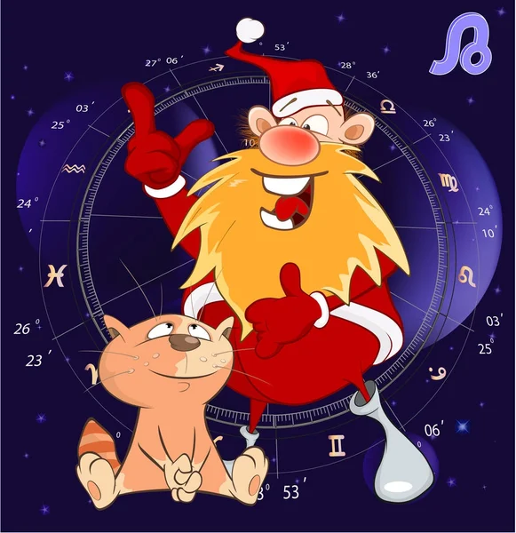Gullig Tecknad Katt Och Jultomten Över Horoskop Bakgrund Vektorillustration — Stock vektor