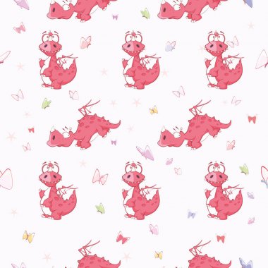 Seamless pattern with cute cartoon dragons and butterflies, vector illustration clipart
