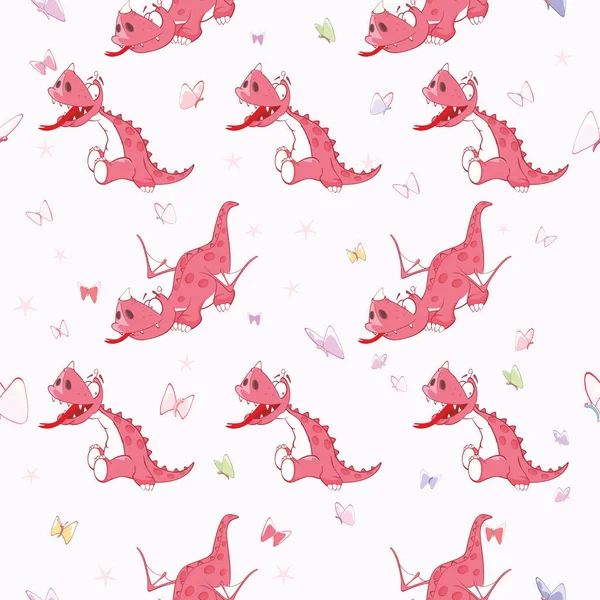 Seamless Pattern Cute Cartoon Dragons Butterflies Vector Illustration — Stock Vector