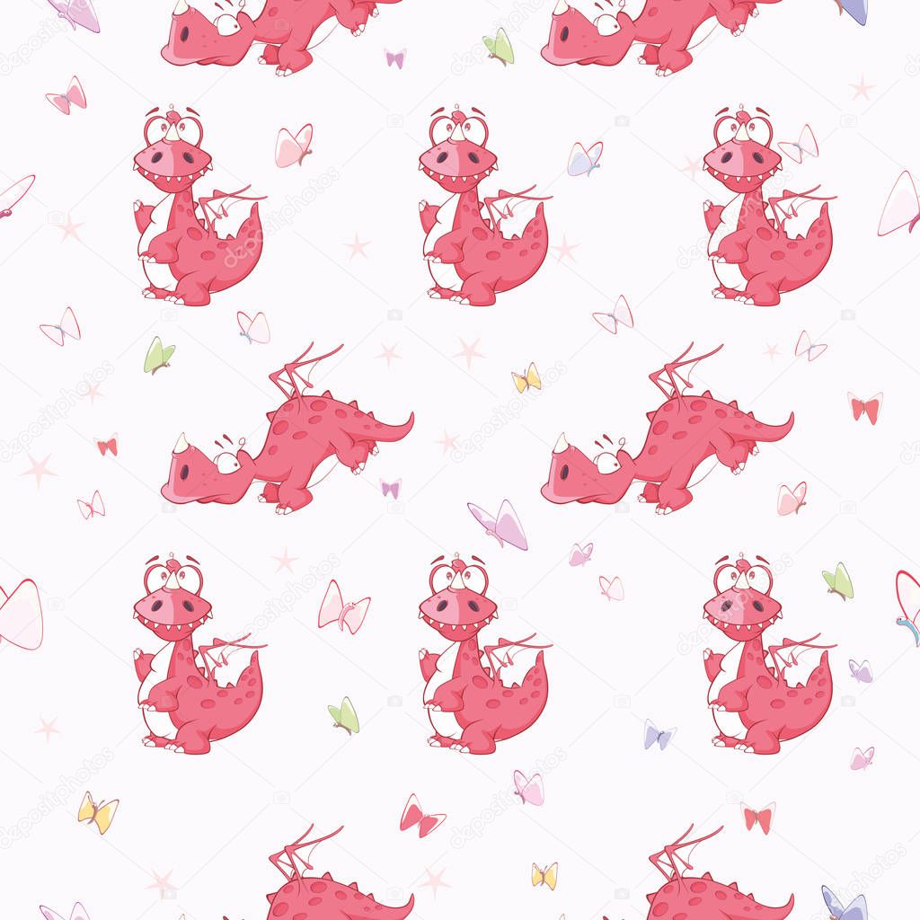 Seamless pattern with cute cartoon dragons and butterflies, vector illustration