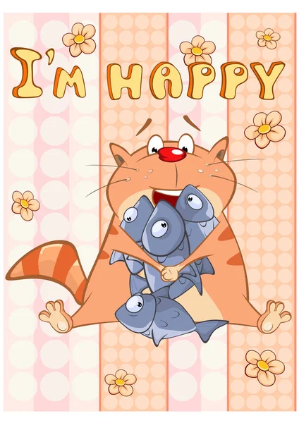 Happy Birthday Card Cute Cartoon Character Cat Inglês Cartão Felicitações — Vetor de Stock