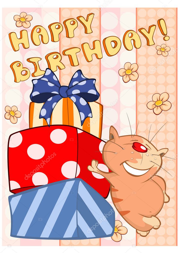 Happy Birthday Card Cute Cartoon Character Cat . Greeting Card. Happy Moment. Congratulation - Illustration