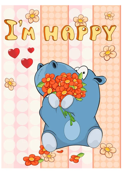 Happy Birthday Card Cute Cartoon Character Hippo Открытка Счастливого Момента — стоковый вектор