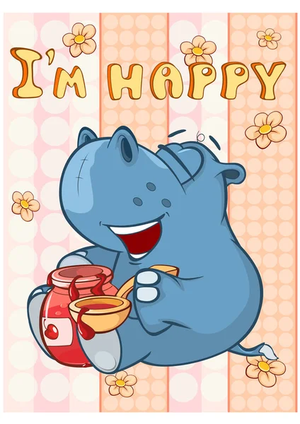 Happy Birthday Card Cute Cartoon Character Hippo Векторная Поздравительная Открытка — стоковый вектор