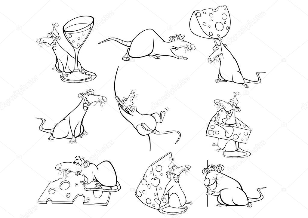 Vector Illustration of a Cute Cartoon Character Rat for you Design and Computer Game. Coloring Book Outline Set - Vector