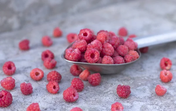 Frambuesas de frutas pequeñas en la cuchara metálica — Foto de Stock