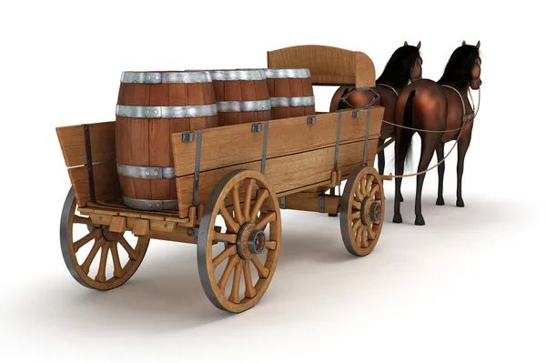 Horse wagon with barrels. 3d image. Isolated on white. — Stock Photo, Image
