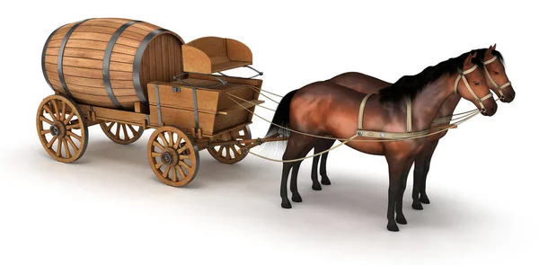 Pferdekutsche mit einem großen Fass. 3D-Bild. — Stockfoto