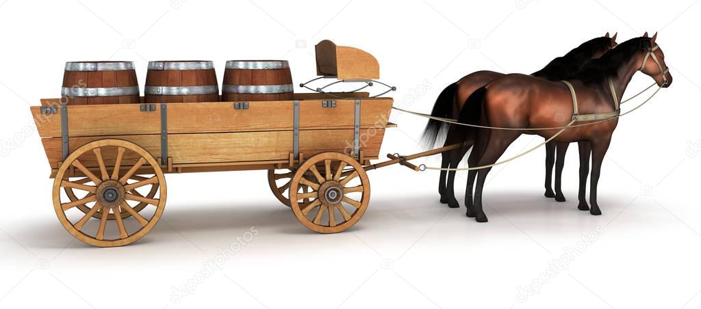 Horse wagon with barrels. 3d image. Isolated on white.