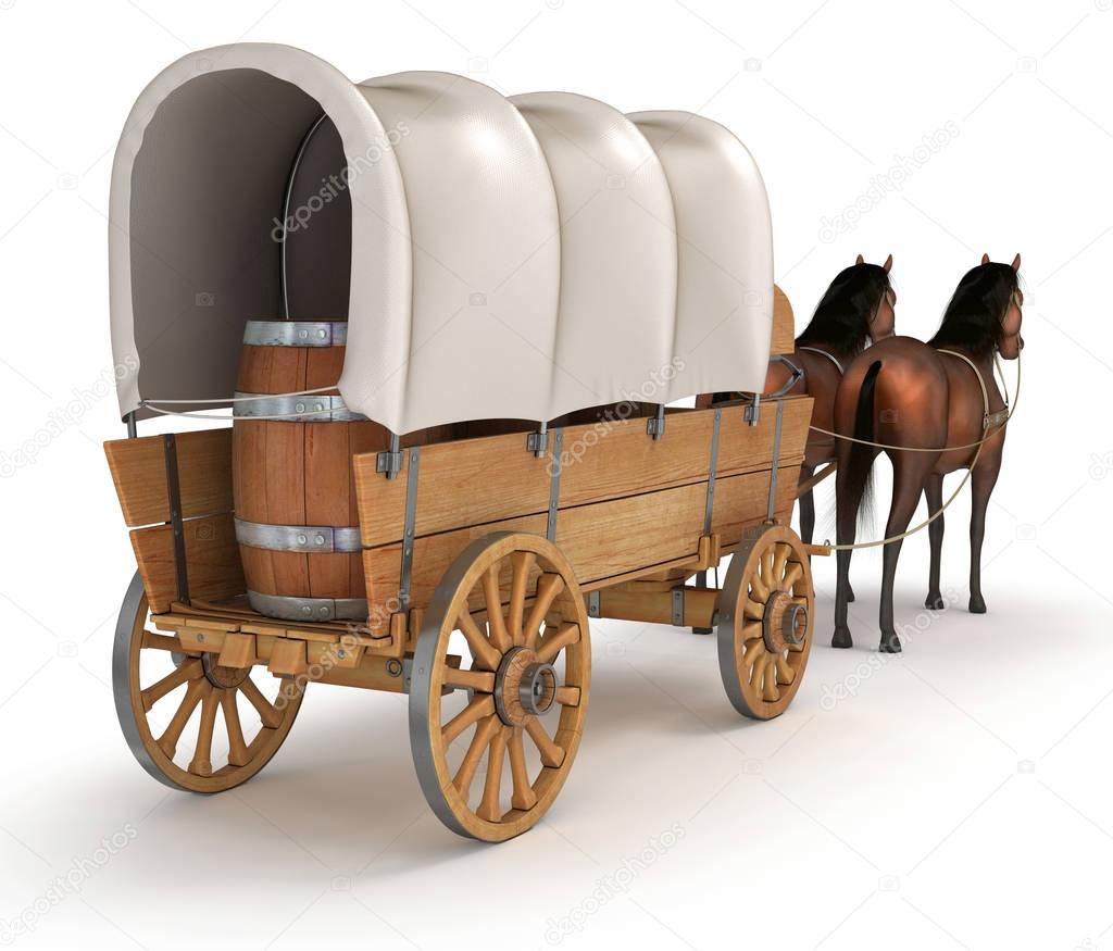 Horse wagon with barrels. 3d image. Isolated on white.