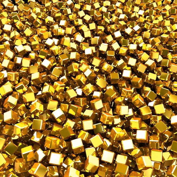 Achtergrond van de chaotisch verspreide gouden kubussen. — Stockfoto