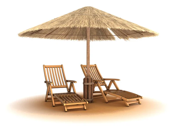 Two wooden deck chairs under an umbrella made of reeds.