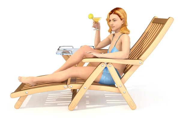 Meisje in een badpak met een glas drinken in haar hand rust op een strandstoel. — Stockfoto