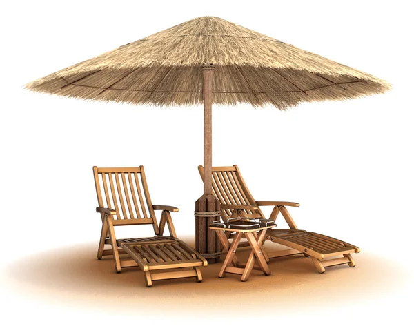 Dos tumbonas de madera bajo un paraguas de totora. — Fotos de Stock