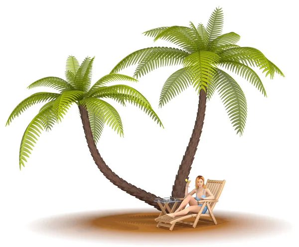 Kız bir kokteyl ile bir şezlong içinde bir palmiye ağacının altında oturur — Stok fotoğraf
