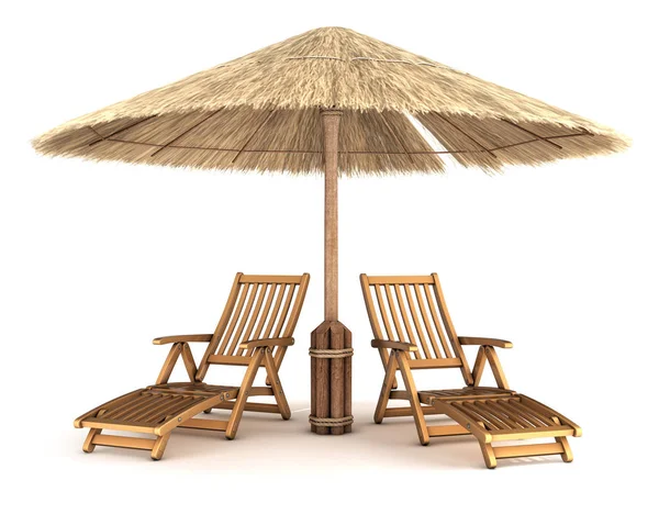 Two wooden deck chairs under an umbrella made of reeds. Royalty Free Stock Photos